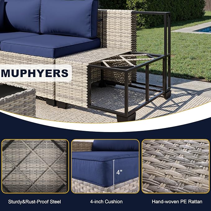 15-Piece Outdoor Patio Furniture Set with 55,000 BTU Fire Pit Table, PE Wicker Rattan Sectional Sofa Conversation Set - All-Weather Garden, Backyard Furniture, Navy Blue