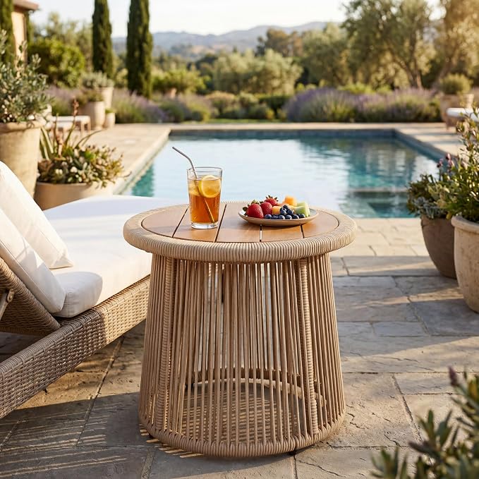 Conical Light Beige Rope Side Table, Teak Finish Acacia Wood Top, 150 lbs Capacity, No Assembly Required, Modern Open-Weave Round Accent Table for Patio Backyard Living Room