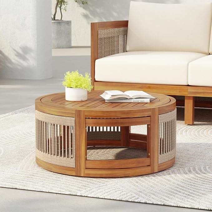 GDFStudio 27.95" Acacia Wood Outdoor Coffee Table, Handwoven Rope Accents, All-Weather Resistant Boho Patio Table with Elegant Slatted Design for Garden, Poolside, Deck, Patio Spaces, Teak