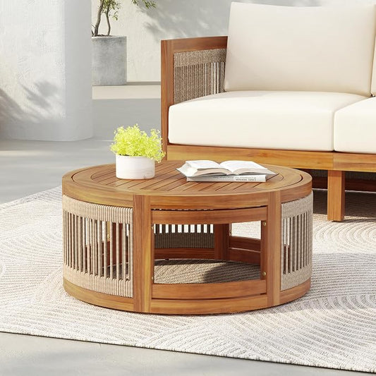 GDFStudio 27.95" Acacia Wood Outdoor Coffee Table, Handwoven Rope Accents, All-Weather Resistant Boho Patio Table with Elegant Slatted Design for Garden, Poolside, Deck, Patio Spaces, Teak