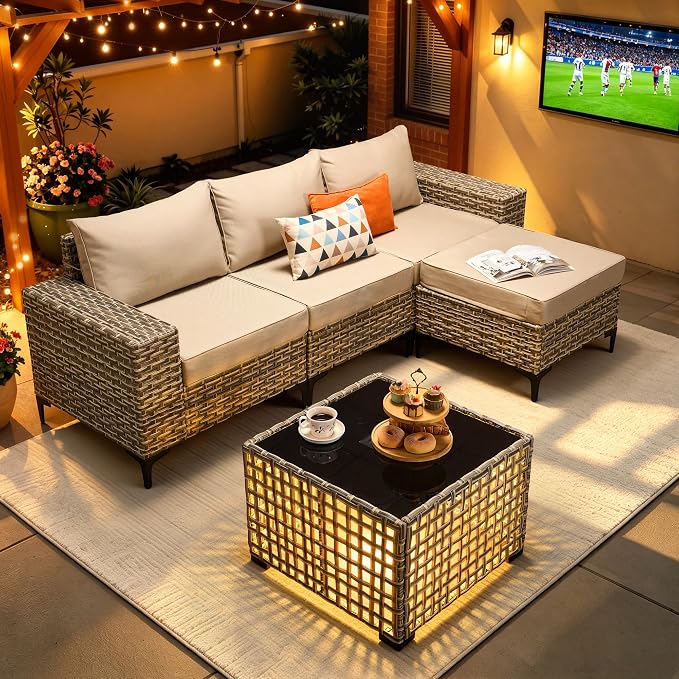 5-Piece Wicker Outdoor Sectional Furniture, Wide Armrest L-Shaped Patio Couch Set with Ottoman Thick Cushion, Modular Conversation Sets with Solar Table for Backyard Porch Balcony, Beige