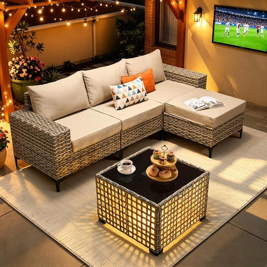 5-Piece Wicker Outdoor Sectional Furniture, Wide Armrest L-Shaped Patio Couch Set with Ottoman Thick Cushion, Modular Conversation Sets with Solar Table for Backyard Porch Balcony, Beige