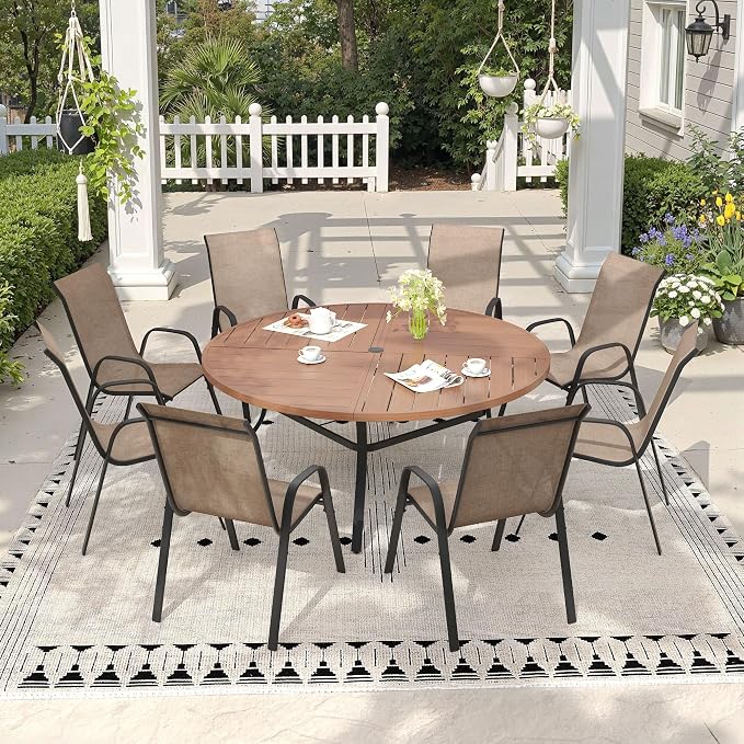 9 Pieces Outdoor Dining Set, 53.1" Spliced Patio Table with Umbrella Hole & Stackable Outdoor Dining Chairs, Patio Furniture Set for Deck Garden Porch, Brown Chairs & Walnut Table