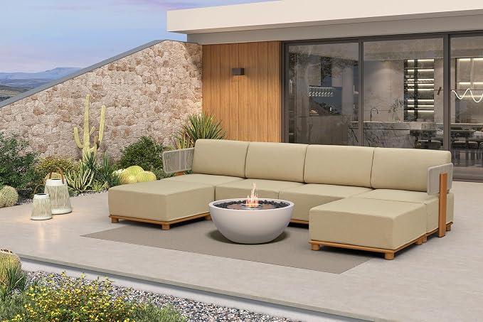 PURPLE LEAF Patio Furniture Set Modular U-Shaped Outdoor Sectional Sofa with 11" Thick Olefin Cushion 6-Piece Outdoor Conversation Set w/White Lights & Ottomans for Backyard Garden Poolside, Beige