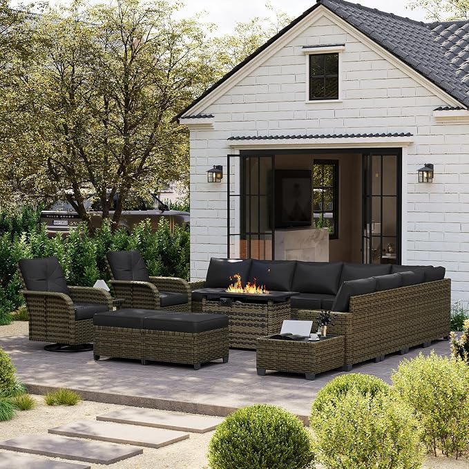 LazySunsets Luxury Patio Furniture Set with Fire Pit Table, All-Weather Patio Sectional Sofas with Thickened Cushions, 15 Piece Outdoor Furniture Set with Swivel Rocker Chairs & Ottomans, Black