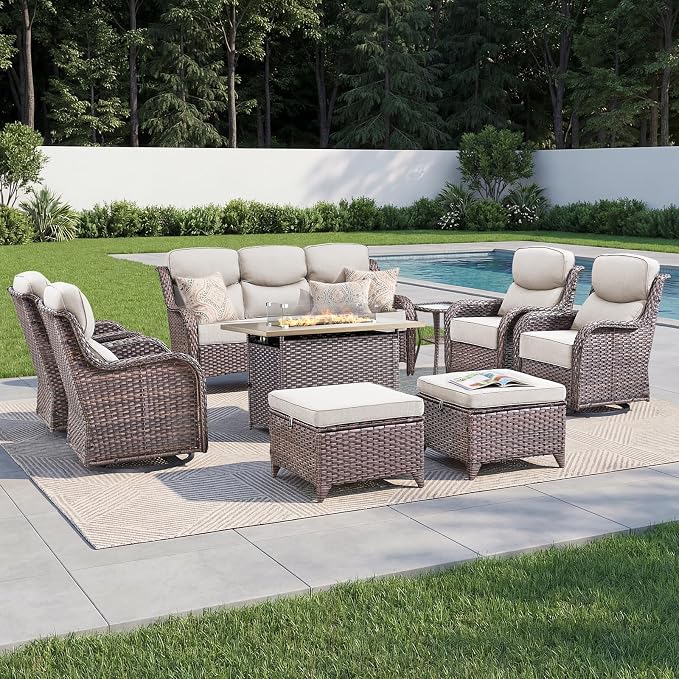 Luxury Patio Furniture Set with 6-inch Thick Cushion, Outdoor Furniture with Fire Pit Table, Swivel Chairs, Sofa, Side Table, Ottomans, 9pcs Wicker Conversation Set(Brown Wicker/Beige Cushion)