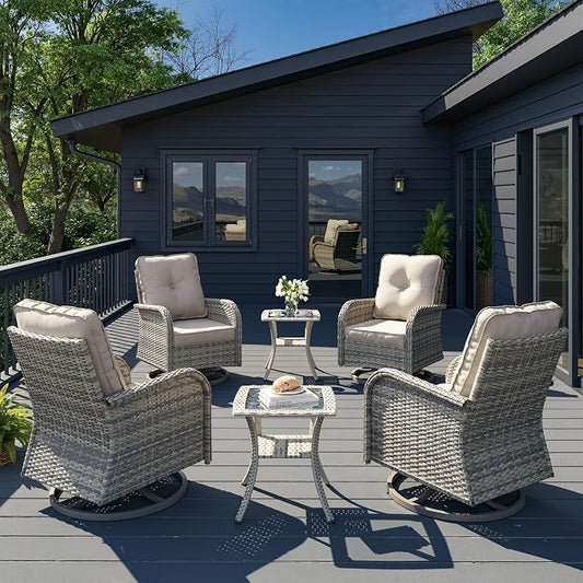 6-Piece Patio Rocking Swivel Chair Outdoor Wicker Rattan Bistro Set with Tempered Glass Side Table, Outdoor Patio Furniture Set for Garden, Deck, and Balcony, White