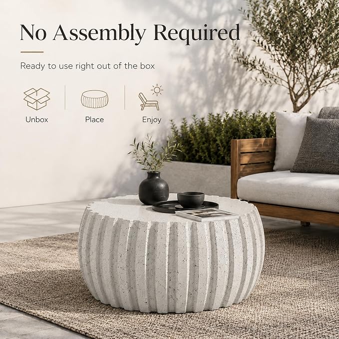 35.43" Round Outdoor Coffee Table - Waterproof MgO Cement Design, Durable Concrete Coffee Table for Patio, Garden, Living Room