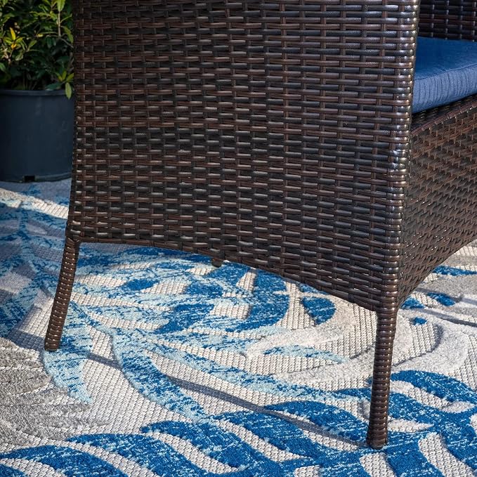 PHI VILLA Outdoor Dining Set for 6, Wicker Chairs & Acacia Wood Table | 1 Acacia Wood Table & 6 Cushioned Rattan Chairs, Outdoor Dining Furniture Set for Deck, Yard or Indoor