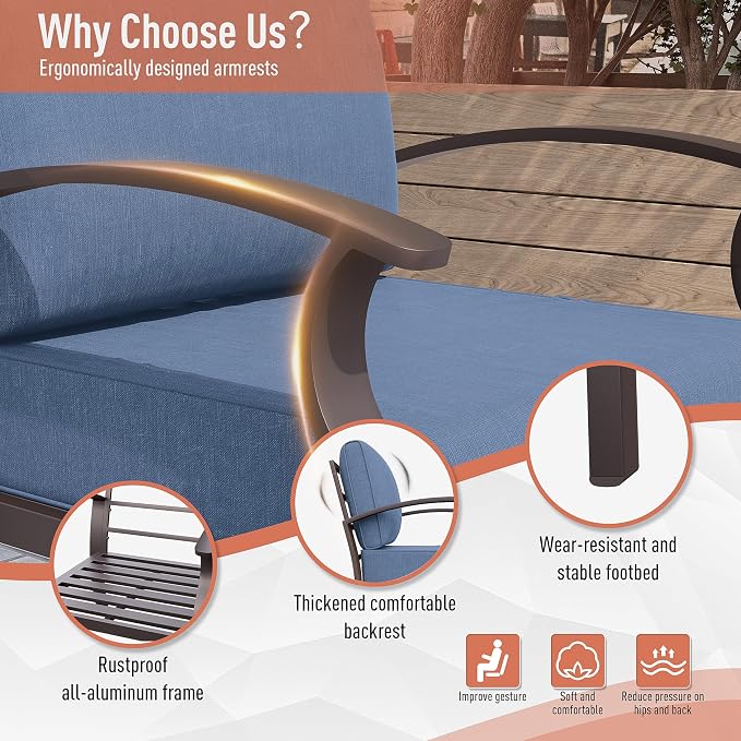 Kurapika Aluminum Patio Furniture Set 8-Seat Modern Metal Outdoor Conversation Sets w/45in Propane Fire Pit Table, Swivel Rocking Chairs Patio Sectional Sofa w/5.1 Inch Cushion, Navy Blue