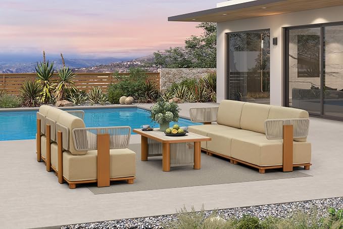 PURPLE LEAF Patio Furniture Set Modular Open-End Outdoor Sectional Sofa with 11" Thick Olefin Cushion 7-Piece Outdoor Conversation Set with Table for Patio Backyard Garden Poolside, Beige