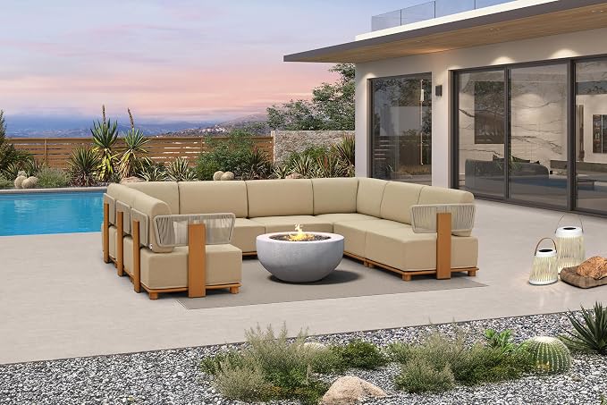 PURPLE LEAF Patio Furniture Set Modular U-Shaped Outdoor Sectional Sofa with 11" Thick Olefin Cushion 8-Piece Outdoor Conversation Set with White Lights for Patio Backyard Garden Poolside, Beige