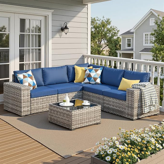 6 Pieces Patio Furniture Set, Outdoor Wicker Sectional Sofa with 7.7" Extra Wide Armrests, Modern Rattan Modular Conversation Set with Thickened Deep Seat Cushions for Backyard, Navy Blue