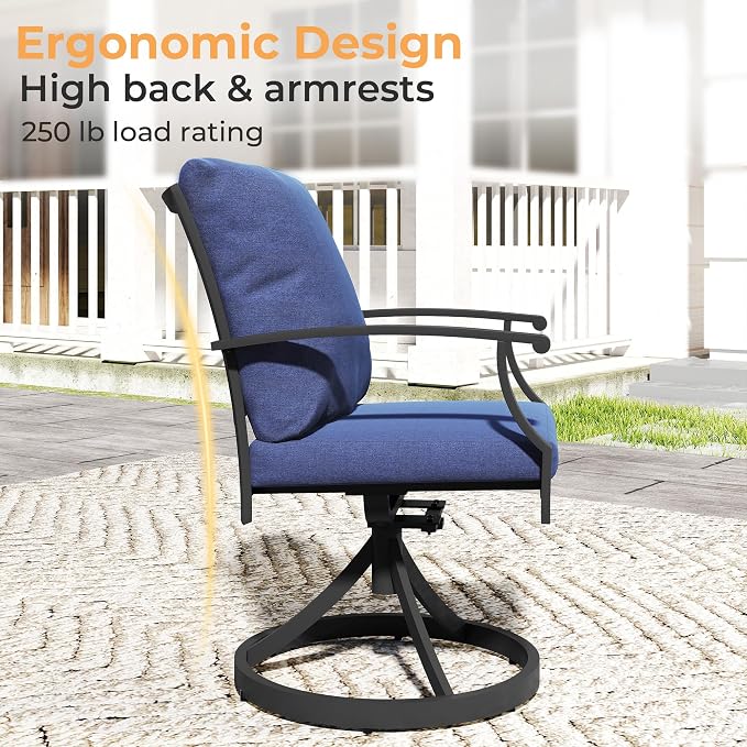 HAPPATIO 9-Piece Patio Dining Set, Outdoor Dining Set with Powder-Coated Metal,Dining Table with Umbrella Hole, 8 Swivel Chairs with Removable Cushions for Porch Poolside Garden,Navy Blue
