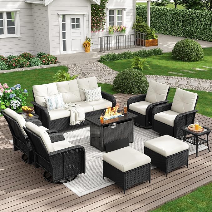 LazySunsets Luxury 12-Piece Patio Furniture Set with 44'' Fire Pit Table, 360° Swivel Chairs, Wicker Rattan Sofa & Thick Cushions, Outdoor Conversation Set for Backyard, Poolside & Garden, Black/Beige