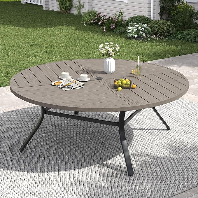 VICLLAX 63" Round Patio Table with Umbrella Hole, All Weather Metal Outdoor Dining Table for 8-10, Outside Table for Lawn Garden, Grey Wood-Grain Finish