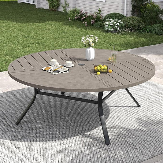 VICLLAX 63" Round Patio Table with Umbrella Hole, All Weather Metal Outdoor Dining Table for 8-10, Outside Table for Lawn Garden, Grey Wood-Grain Finish