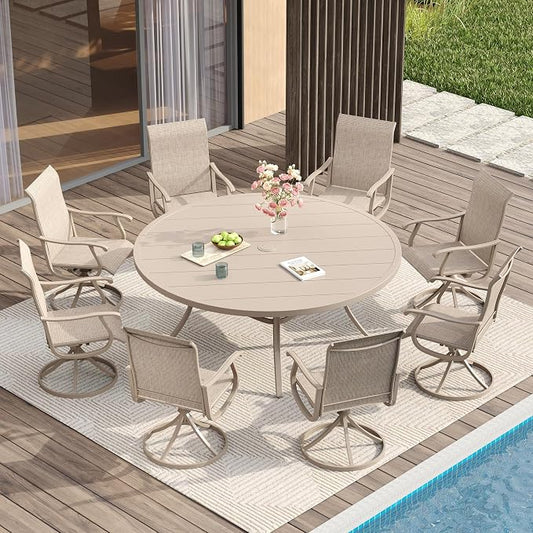 VICLLAX Patio Dining Set for 8, 9 Pieces Outdoor Furniture Includes 60" Round Patio Table with Umbrella Hole and 8 Outdoor Swivel Chairs for Lawn Garden, Sandshell Tabletop and Fabric