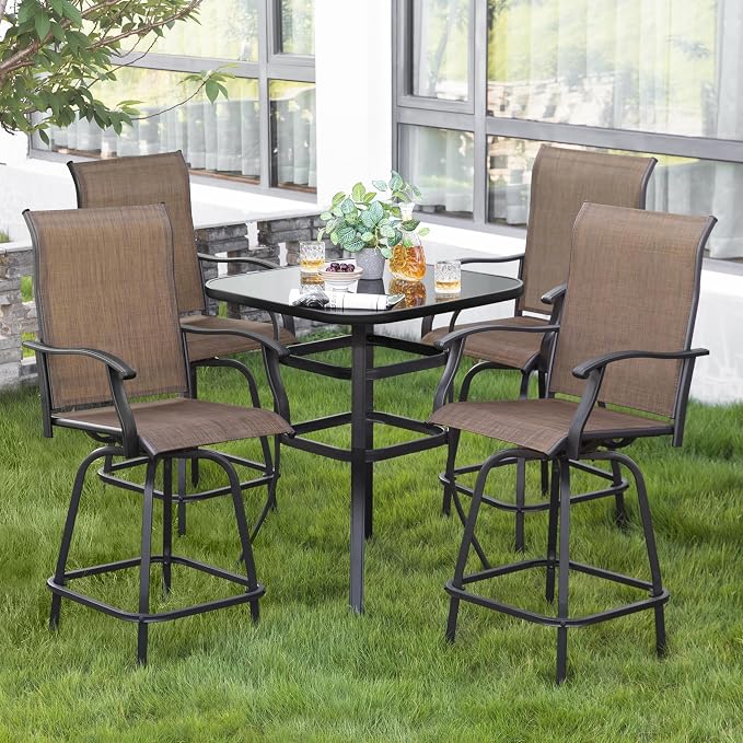 NUU GARDEN 5 Piece Patio Bar Set with Glass Table and 4 Swivel Chairs,Black&Brown