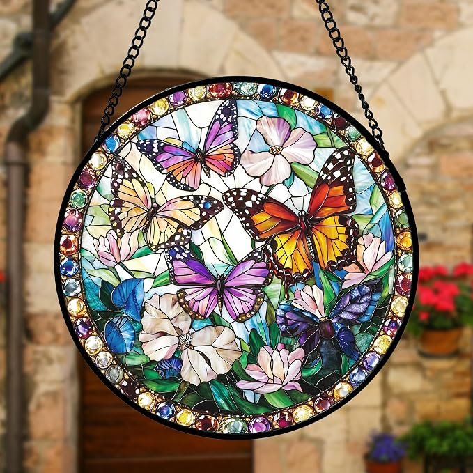DASTOLL Stained Glass Window Hanging, Colorful Butterfly Suncatcher for Doors Home Sun Catchers Decoration and Christmas, Mother's Day Birthday Gifts for Women, Men, and Mom 9.8 in