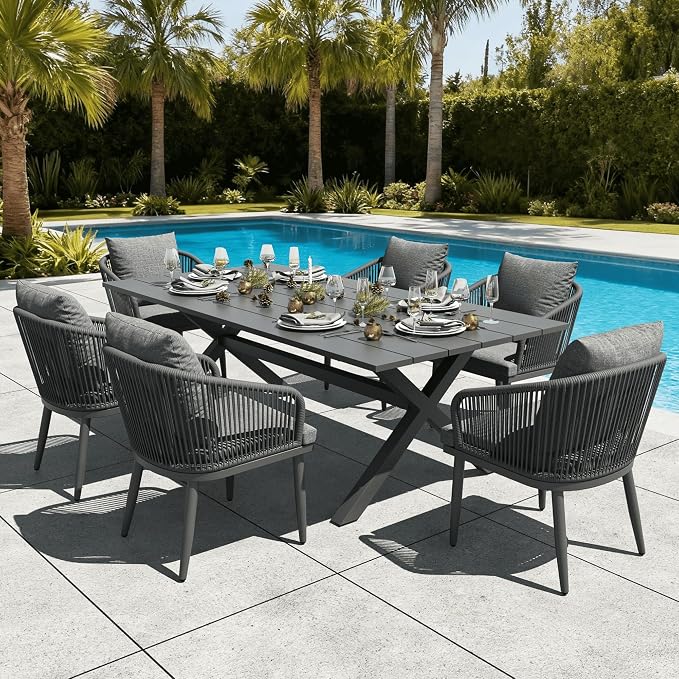 LayinSun 7 Pieces Outdoor Patio Dining Set, Aluminium Rectangular Dining Table and Wicker Rattan Chairs Set for Outside Backyard, Poolside