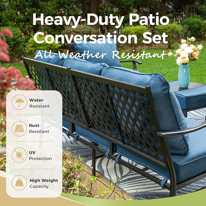MIXPATIO Patio Furniture Set, 4 Pcs Metal Outdoor Conversation Set, 2 Swivel Chairs and 3 Seater Sofa with 5.75" Extra Thick Cushion and Gas Fire Pit Table for Backyard Deck, Gemstone Blue