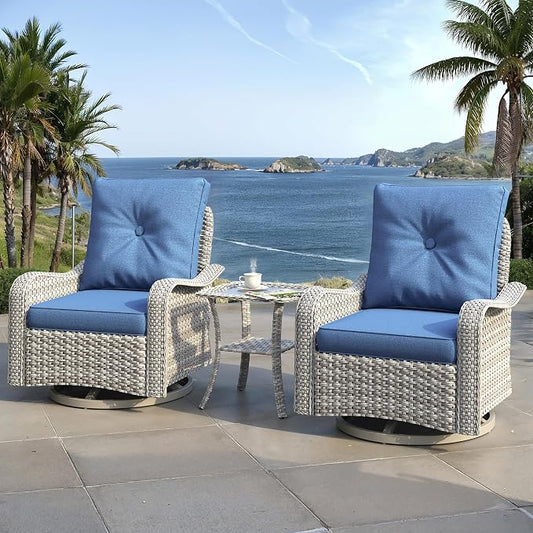 3 Piece Outdoor Patio Furniture Set,High Back Wicker Swivel Rocker Patio Chairs with 4" Thickened Cushions & Coffee Table, All-Weather PE Rattan for Garden, Backyard, Porch, Blue