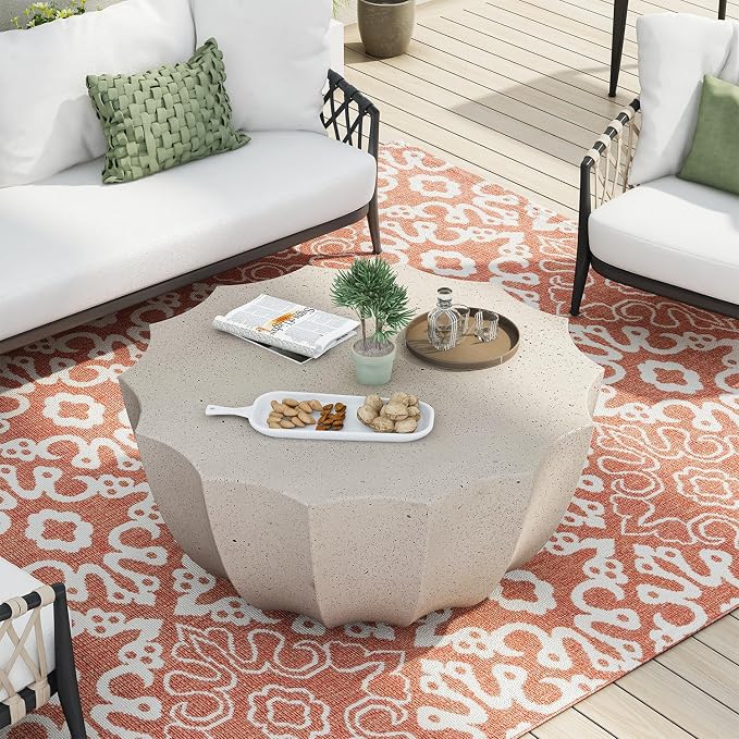 35.43" Modern Outdoor Waterproof Coffee Table - Durable MgO Cement Design for Patio, Garden, Backyard & Living Room (White)