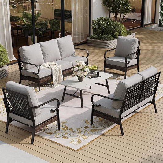 SUNSHINE VALLEY 5 Piece Metal Outdoor Patio Furniture Set, Patio Conversation Sets 1 3-Seater Sofa, 2-Seater Sofa, 2 Fixed Sofa with 5.75" Cushion & Coffee Table Black Backyard Furniture, Light Gray