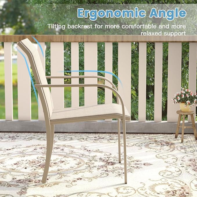 DIFY 7 Pieces Outdoor Patio Dining Set for 6, 50" Grey Wood-Like Round Metal Dining Table and 6 Sandshell Stackable Textilene Patio Chairs, Outdoor Table and Chairs for Backyard Garden Poolside