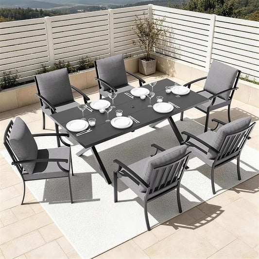 7 PCS Outdoor Patio Dining Set,Patio Table and Chairs Metal Outdoor Patio Furniture Set with Umbrella Hole,Dining Table Set with 6 Chairs for Deck,Backyard and Garden,Grey
