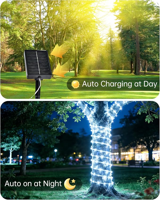 Solar Rope Lights Outdoor, 2 Packs Total 144FT 400LED Solar String Lights with 8 Lighting Modes, Waterproof Solar Powered Fairy Lights for Party Garden Yard Home Holiday Tree Decoration, Pure White