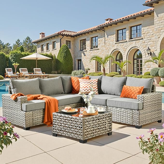 CAODOC 6 Pieces Outdoor Sectional Patio Furniture Set,Wicker Conversation Sets L Shaped Couch,Outdoor Sofa Outside Furniture with Solar Table Light(Dark Gray)