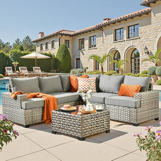CAODOC 6 Pieces Outdoor Sectional Patio Furniture Set,Wicker Conversation Sets L Shaped Couch,Outdoor Sofa Outside Furniture with Solar Table Light(Dark Gray)