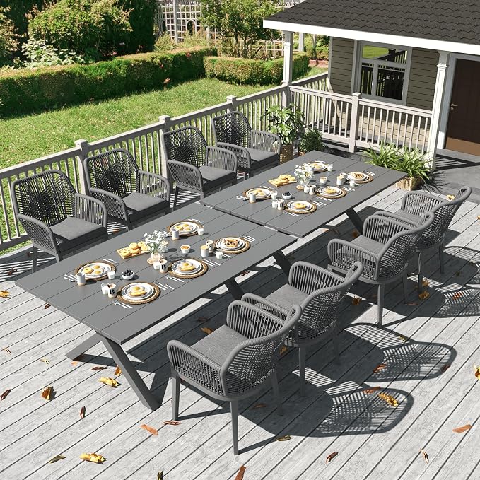 LayinSun Outdoor Dining Set for 8, 10 Pieces Patio Furniture Sets with Aluminum Dining Table and Rope Weave Chairs