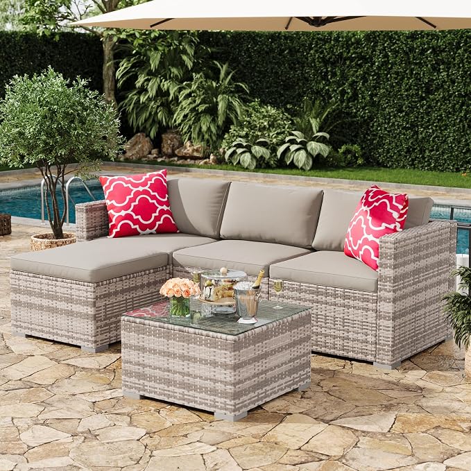 5-Piece Outdoor Sectional Sofa Set, All-Weather PE Rattan Patio Furniture with Ottoman & Tempered Glass Table, Convertible Garden Couch for Backyard, Porch, Poolside (Gray)