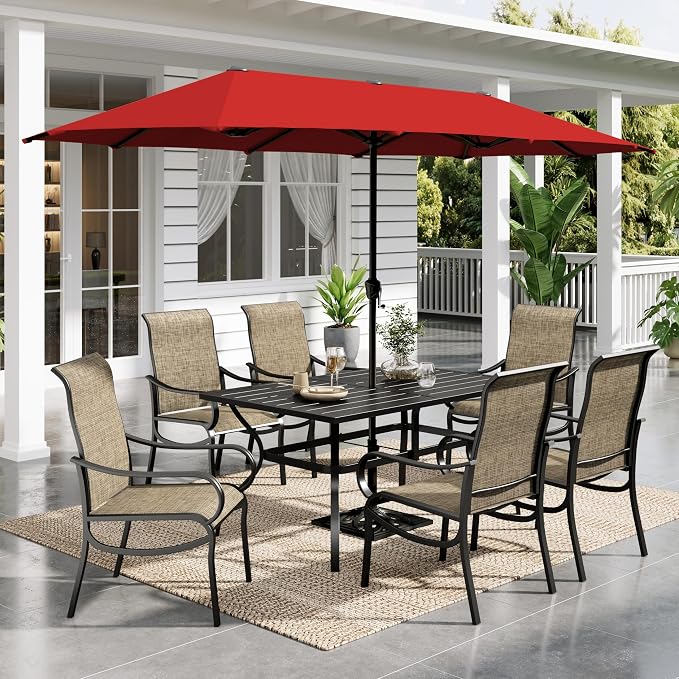 Sophia & William Outdoor Dining Set with Umbrella, Outdoor Table with 13ft Red Umbrella & 6 x Fixed Patio Dining Chairs, Patio Furniture Set for Lawn Garden Backyard Pool (Umbrella Base Not Included)