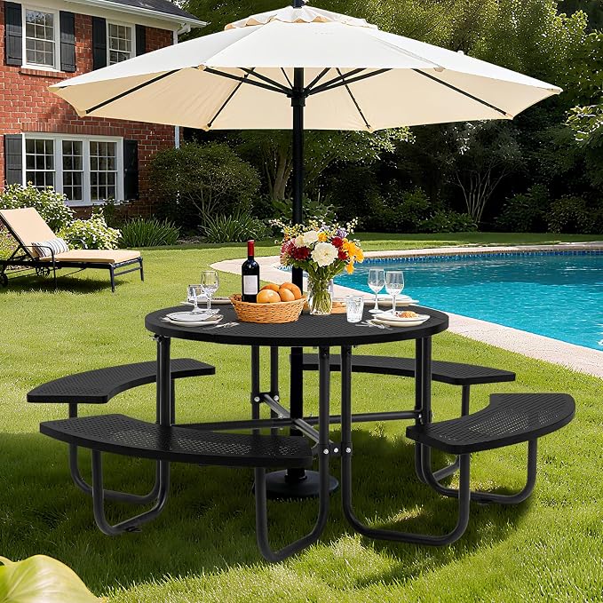 46" Round Heavy Duty Metal Picnic Table with Umbrella Hole, Portable Open Air Picnic Table for Outdoor Patio & Lawn Garden, Rustproof Commercial Grade (Black - Round)