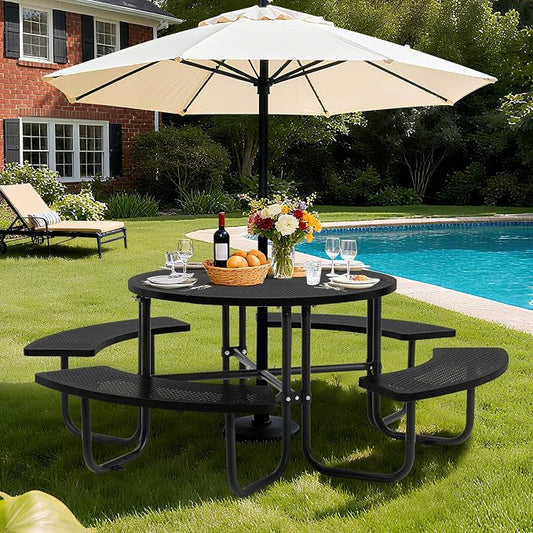 46" Round Heavy Duty Metal Picnic Table with 1.78" Umbrella Hole, Rustproof Coated Mesh Tabletop, Portable Round Outdoor Table for Patio, Lawn, Garden, Backyard & Camping, Black