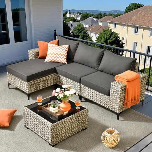 Outdoor Sectional Patio Furniture Set,5 Pieces Wicker Conversation Sets L Shaped Couch,Extra Deep Out Door Sofa Outside Furniture,Black