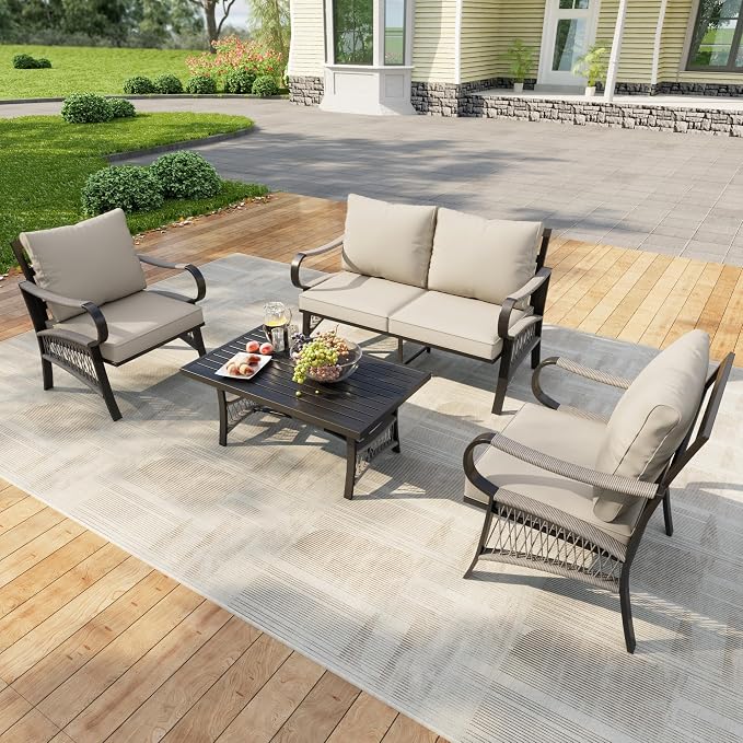 4 Pieces Patio Conversation Sets, Outdoor Furniture with Metal Waterproof 2 Single Chairs with 5" Extra Thick Cushion 1 Loveseat Sofa with Coffee Table, Beige