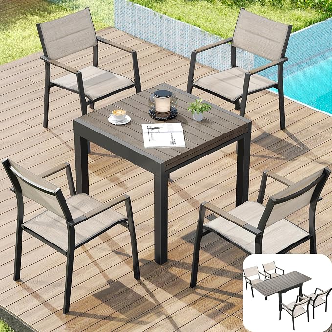 5 Piece Outdoor Dining Set, Expandable Outdoor Patio Dining Table Set for 4-6 Person, Aluminum Outdoor Table and 6 Chairs with Textilene Fabric & Armrest for Patio, Garden, Lawn, Deck(Grey)