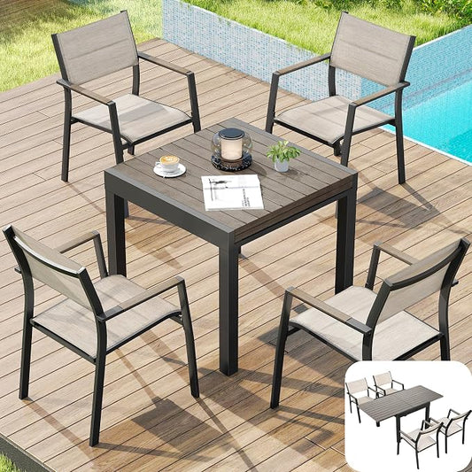 5 Piece Outdoor Dining Set, Expandable Outdoor Patio Dining Table Set for 4-6 Person, Aluminum Outdoor Table and 6 Chairs with Textilene Fabric & Armrest for Patio, Garden, Lawn, Deck(Grey)