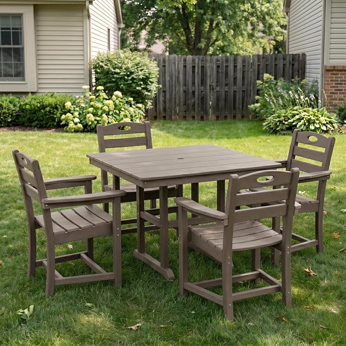 5-Pcs Outdoor Patio Dining Table Set of 5, Outdoor Patio Square 37.8'' Dining Table Set for Lawn Garden Backyard, HDPE Material & 1.7'' Umbrella Hole (Arm Chair, Antique Brown)