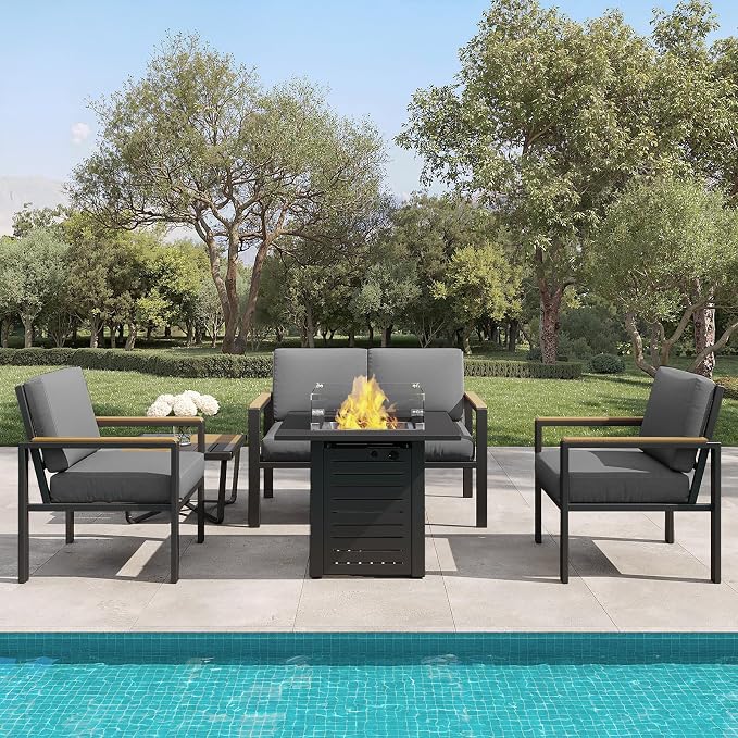 5-Piece Patio Furniture Set with 28” Propane Fire Pit Table, Heavy-Duty Metal Outdoor Conversation Set with Deep Cushions & Wood-Like Armrests for Patio, Porch, Backyard, Garden – Black