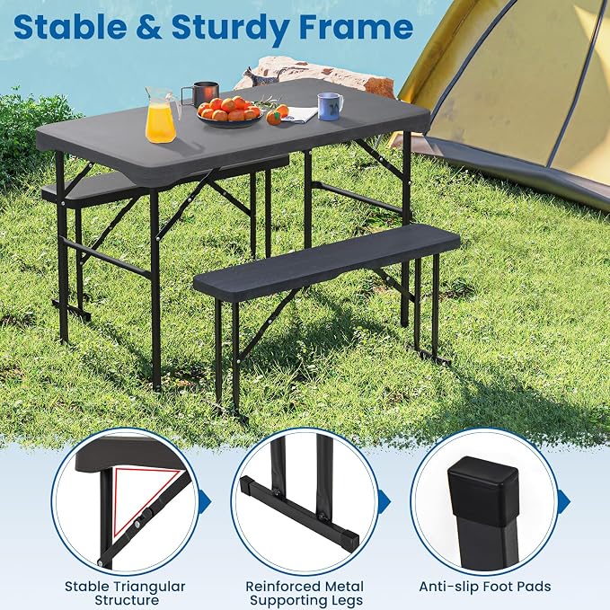 Tangkula Picnic Table with 2 Benches, 3 Piece Folding Picnic Table Set with HDPE Tabletop, Sturdy Metal Frame, 4 Person Plastic Folding Table for Indoor Outdoor Use (Black)