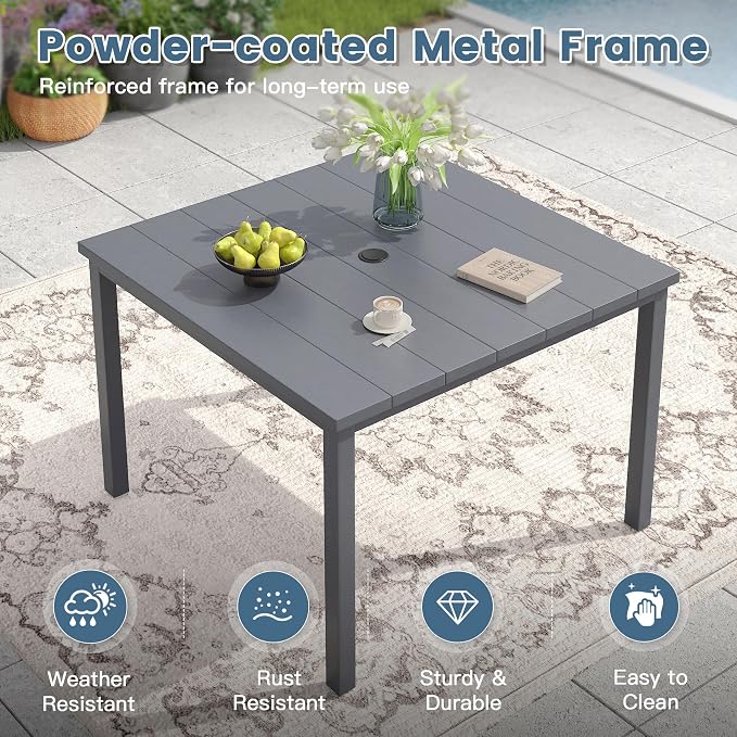 DIFY 5 Piece Outdoor Patio Dining Set for 4, 40.2" Square Metal Dining Table and Swivel Patio Chairs with Padded Textilene, All-Weather Outdoor Furniture Set for Garden Backyard Porch, Grey