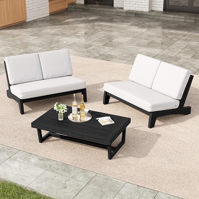 3 Pieces Patio Furniture Sets, All-Weather Outdoor Wood Bistro Set Patio Conversation Coffee Table Chiars and Patio Loveseat for Balcony, Backyard