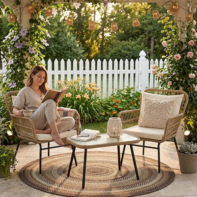 NICESOUL 3 Pieces Boho Small Outdoor Patio Chair Set with Thick Cushion and Glass Table, Rattan Wicker Chair, Bistro Set for Garden Balcony Deck Porch Backyard Apartment, Beige