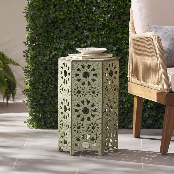 12" Outdoor Side Table, Metal Side Table, Multi Functional Decorative Cutout, Coffee Table, Night Stand, Plant Stand for Patio, Garden, Backyard, Gazebo Indoor (Green)